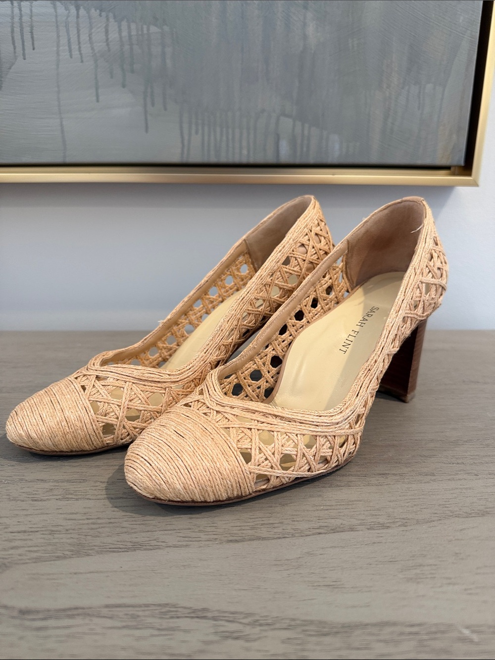 Sarah Flint Natural Woven Raffia Block Heel Pumps